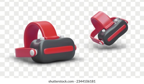 3d gafas realistas en diferentes posiciones. Realidad virtual, tecnologías modernas. Concepto de control remoto. Concepto de dispositivo para jugadores. Ilustración vectorial en colores rojos