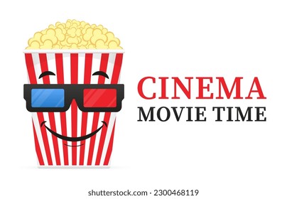 3d realistic glasses, pop corn bucket container with glasses for watching movies in plastic cartoon style. Cinema design in flat style. Smile. Movie time. Cinema poster. Vector illustration