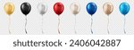 3d realistic glossy black, white, red, golden, blue balloons on transparent background. Colorful three dimensional shiny helium balloons with string ribbons for party, birthday, anniversary, wedding