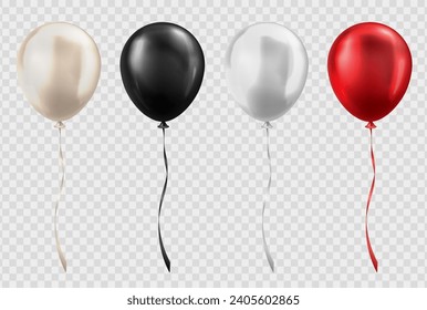 3d realistic glossy black, white, red and beige balloons on transparent background. Colorful three dimensional shiny helium balloons with string ribbons for party, birthday, anniversary, wedding