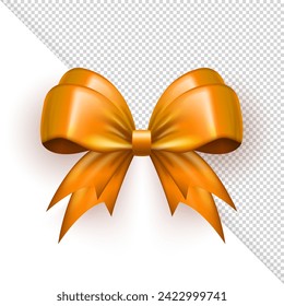 3d realistic glossy cute yellow bow isolated on transparent background. Vibrant golden gift ribbon for greeting cards, present wrapping, celebration banner. Template of packaging element