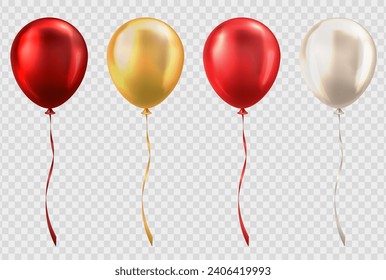 3d realistic glossy dark and light red, golden and beige balloons on transparent background. Colorful three dimensional shiny helium balloons with ribbons for party, birthday, anniversary, wedding