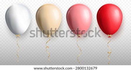 3d realistic glossy pastel red, pink, beige, white balloons on transparent background. Colorful three dimensional shiny helium balloons with strings for party, birthday, wedding, opening, sale event