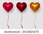 3d realistic glossy romantic red and golden heart balloons on transparent background. Colorful three dimensional shiny helium balloons in heart shape for Valentine