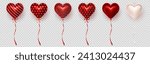 3d realistic glossy romantic red and golden heart balloons on transparent background. Colorful three dimensional shiny helium balloons in heart shape for Valentine