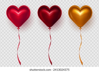 3d globos realistas glamurosos rojos y dorados del corazón sobre fondo transparente. Coloridos globos de helio brillantes tridimensionales en forma de corazón para la celebración del Día de San Valentín