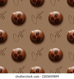 3d realistic glossy spheres with stylized coffee beans and lettering on brown background. Vector seamless pattern. Best for textile, cafe decor, wallpapers, wrapping paper, package and web design.