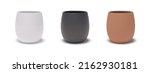 3D realistic glossy white, black and terracotta ceramic flower pots with drop shadows. Three-dimensional empty reservoirs for house plants. Vector isolated clipart