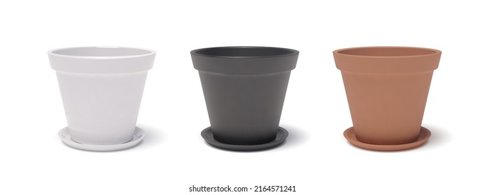 3D realistic glossy white, black and terracotta ceramic flower pots with trays and dropping shadows. Three-dimensional empty reservoirs for house plants. Vector isolated clipart