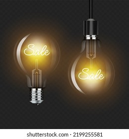 3d Realistic glowing lamp bulb with the word sale, concept for digital online marketing on transparent isolated vector illustration