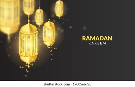 3d realistic gold arabic lamp background for celebrate ramadan kareem for muslim on black background