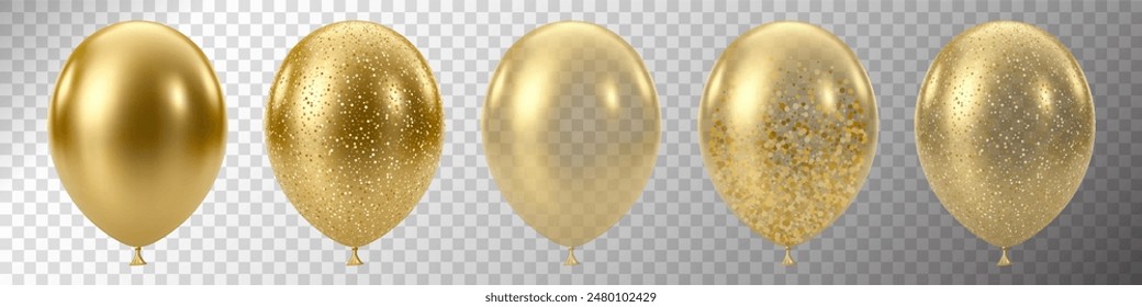 3D realistic gold balloons. Luxury glossy helium balloon isolated. Christmas party, birthday and anniversary decoration. Celebration design element. Vector illustration EPS10.