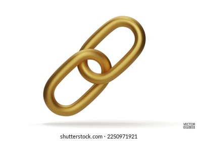 3d Realistic gold Chain or link Icon isolated on white background. Two chain links icon, Attach, Lock symbol. Blockchain link sign. 3D vector illustration