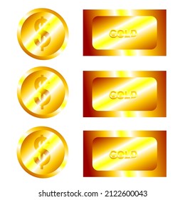 3d realistic gold coin icon with dollar sign. Realistick gold bar. Vector illustration isolated on a white background.