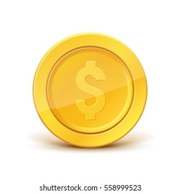 3d realistic gold coin icon. With dollar sign. Vector illustration isolated on white background.