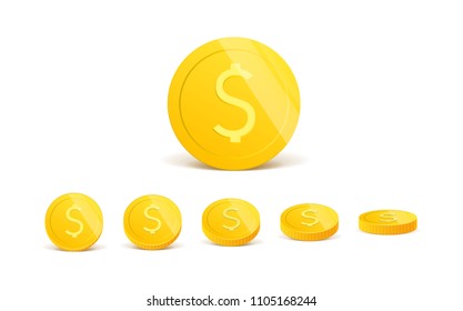 3d realistic gold coins set on white in different positions .Money isolated on white. Vector illustration.