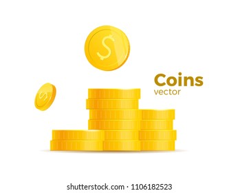 3d realistic gold coins set on white in different positions .Money isolated on white. Vector illustration.
