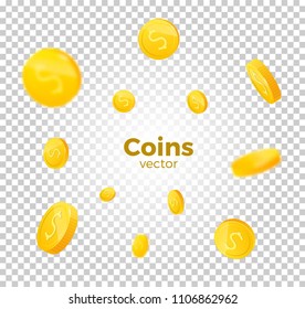 3d realistic gold coins set on white in different positions .Money isolated on white. Vector illustration.
