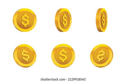 3D Realistic Gold dollar coins isolated on White Background. Set of Rotation Icon in Different Angels for Animation. Vector Illustration.