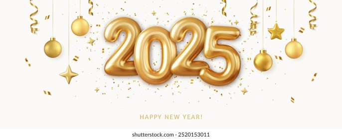 3d Realistic Gold Foil Balloons. Merry Christmas and Happy New Year 2025 greeting card. 3d rendering. Vector illustration