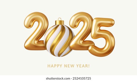 3d Realistic Gold Foil Balloons and Christmas ball. Merry Christmas and Happy New Year 2025 greeting card. 3d rendering. Vector illustration