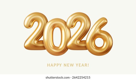3d Realistic Gold Foil Balloons. Merry Christmas and Happy New Year 2026 greeting card. 3d rendering. Vector illustration