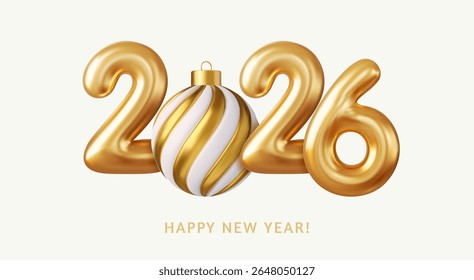 3d Realistic Gold Foil Balloons and Christmas ball. Merry Christmas and Happy New Year 2026 greeting card. 3d rendering. Vector illustration