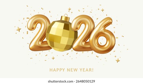 3d Realistic Gold Foil Balloons and Christmas ball. Merry Christmas and Happy New Year 2025 greeting card. 3d rendering. Vector illustration