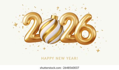 3d Realistic Gold Foil Balloons and Christmas ball. Merry Christmas and Happy New Year 2026 greeting card. 3d rendering. Vector illustration