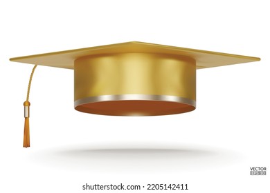 3D realistic gold Graduation university or college black cap isolated on white background. Graduate college, high school, Academic. Golden Hat for degree ceremony. 3D vector illustration.