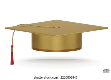 3D realistic gold Graduation university or college cap isolated on white background. Graduate college, high school, Academic, or university cap. Golden Hat for degree ceremony. 3D vector illustration.