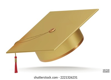 3D realistic gold Graduation university or college  cap isolated on white background. Graduate college, high school, Academic, or university cap. Golden Hat for degree ceremony.3D vector illustration.