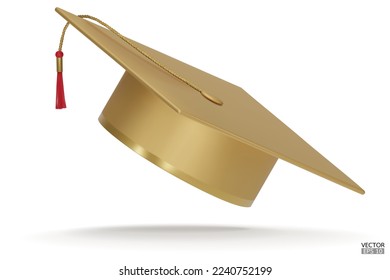 3D realistic gold Graduation university or college cap isolated on white background. Graduate college, high school, Academic, or university cap. Golden Hat for degree ceremony. 3D vector illustration.