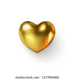 3D Realistic Gold Heart icon with a shadow. Glamour Saint Valentine's holiday, Wedding, Love, Women, Mother's Day, Birthday web digital symbol isolated on white background. Vector Illustration