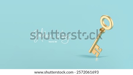 3D realistic gold key on turquoise background. Banner for concepts of private property, real estate, and protection. Symbol open and close door lock. Vector