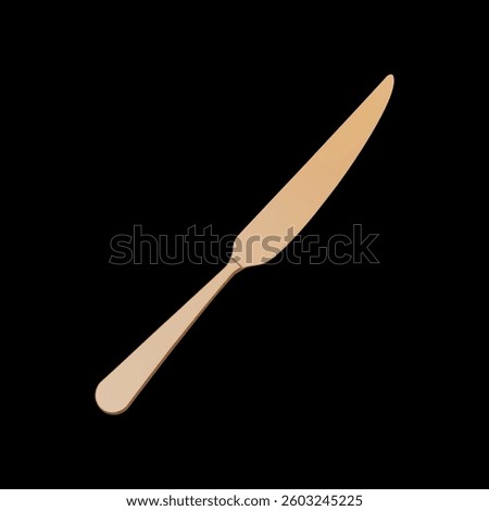 3d realistic gold metal table knife isolated on black background. Vector illustration. Beautiful gold cutlery. Shiny golden table knife.