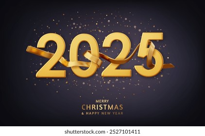 3d Realistic Gold numbers with golden ribbon. Merry Christmas and Happy New Year 2025 greeting card. 3d rendering. Vector illustration