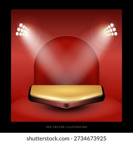 3D Realistic Gold Podium with Red Background and Spotlights for Product Presentation