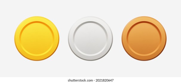3D Realistic gold, silver, and bronze coins vector illustration.