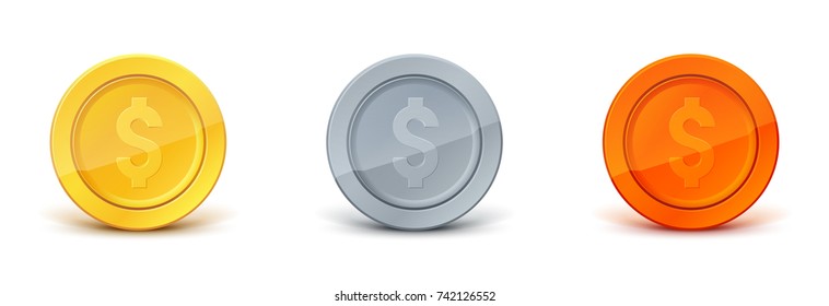 3d realistic gold, silver and copper coins icon. Vector illustration isolated on white background.
