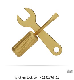 3d realistic gold wrench and screwdriver icon set isolated on white background. Repair icon, Hand tools icon 3d render illustration.