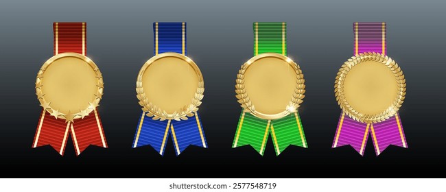 3D Realistic Golden Award Medal with Red, Blue, Green, and Purple Ribbon: Vector Trophy Design Element