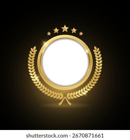3D realistic golden awards with laurel wreath on dark background. First place blank medals