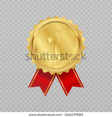 3D realistic golden awards on transparent background. First place blank medals
