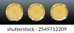 3D Realistic Golden Blank Medals with Laurel Leaves. First Place Emblem Set. Certified Quality Badges. Vector.