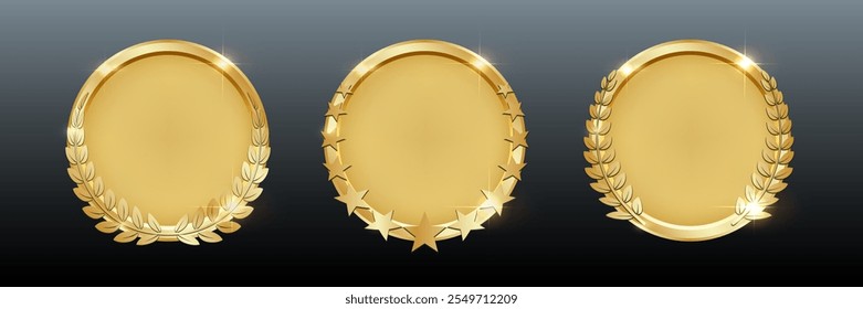 Medalhas em Branco Dourado Realistas 3D com Folhas de Laurel. Conjunto de Emblemas de Primeiro Lugar. Emblemas de qualidade certificados. Vetor.