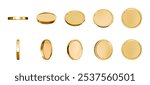 3d realistic golden coins in different views rotating vertically and horizontally. Shiny blank gold coins vector isolated set