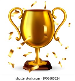3d realistic golden cup with flying confetti. vector illustration