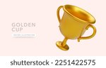 3d realistic golden cup isolated on a light yellow background. Vector illustration