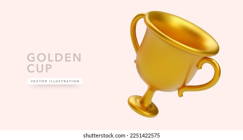 3D-realistischer goldener Becher einzeln auf hellgelbem Hintergrund. Vektorgrafik